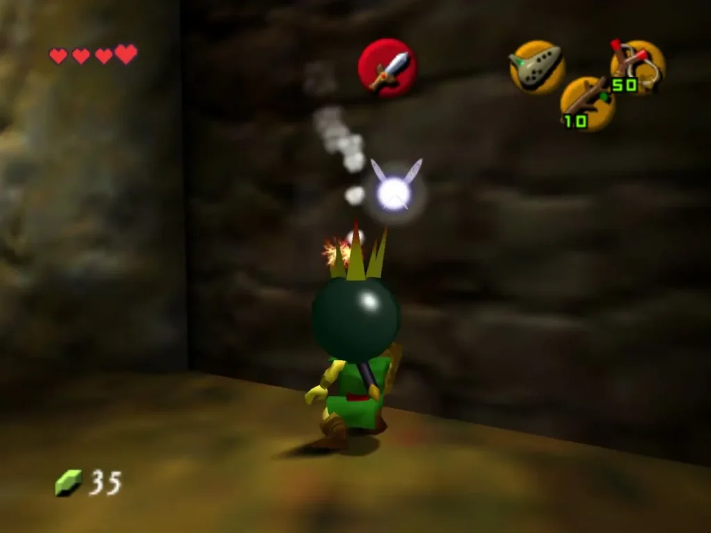 Link carrying a lit Bomb Flower toward the rubble wall of the entrance passage