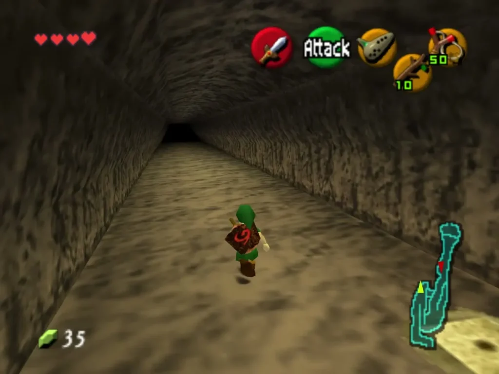Link walking down the long cave tunnel that leads into Dodongo's Cavern