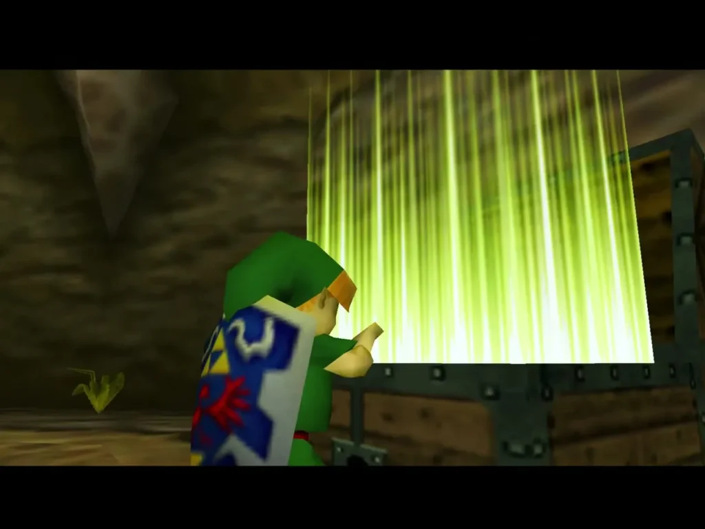Link opening the chest at the foot of the pillar, green light streaming out