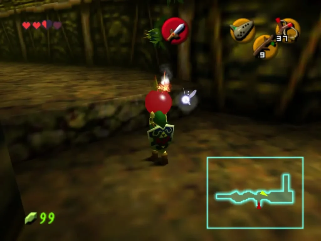 Link holding a red Bomb Flower as the chain of explosions begins