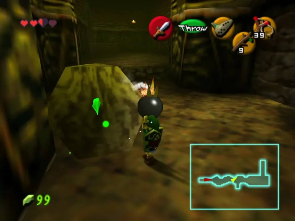 Link holding a lit Bomb Flower beside a boulder in the cavern