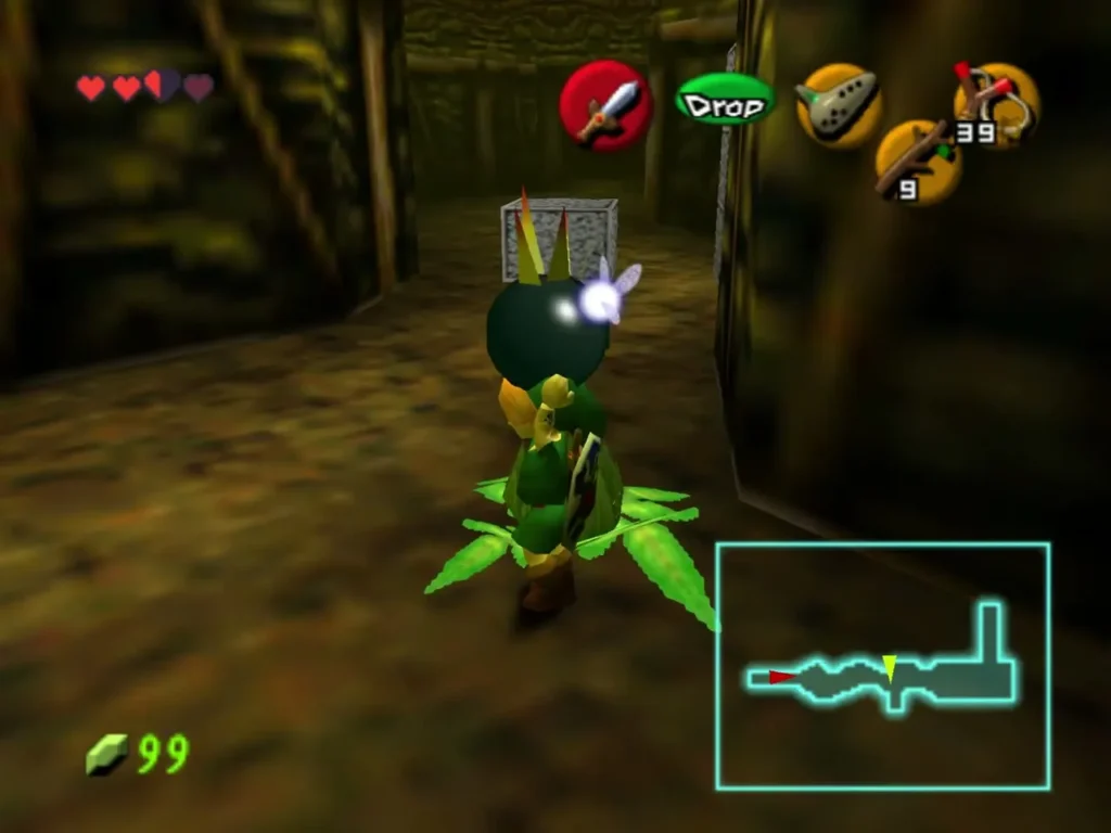 Link holding a lit Bomb Flower overhead in the passage