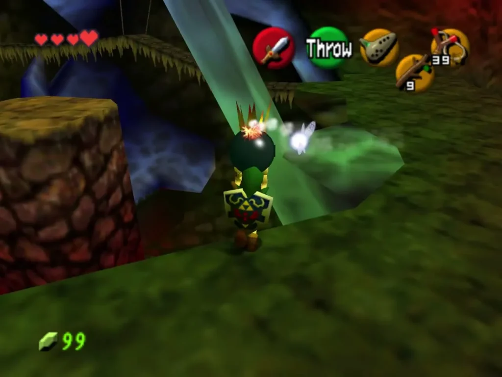 Link carrying a lit Bomb Flower through a blue-lit cave passage