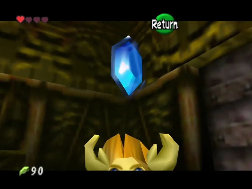 Link holding a blue rupee overhead beside the egg room chest it came from
