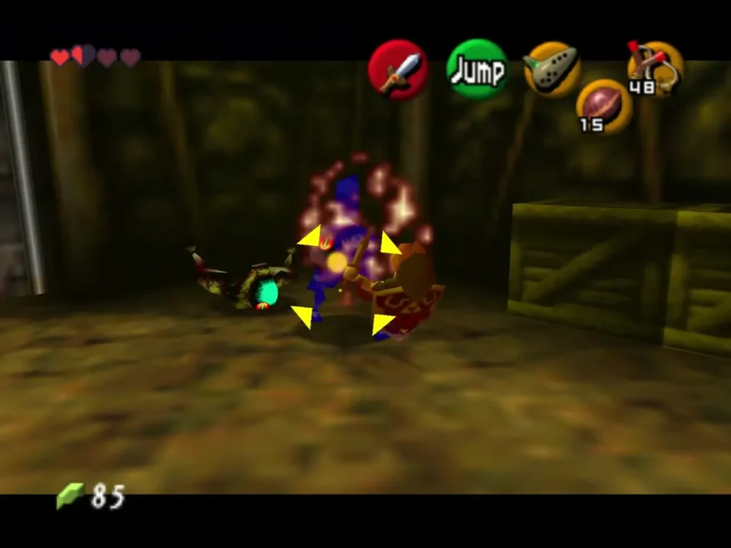 Link locking onto a Skulltula with yellow targeting arrows in the egg room