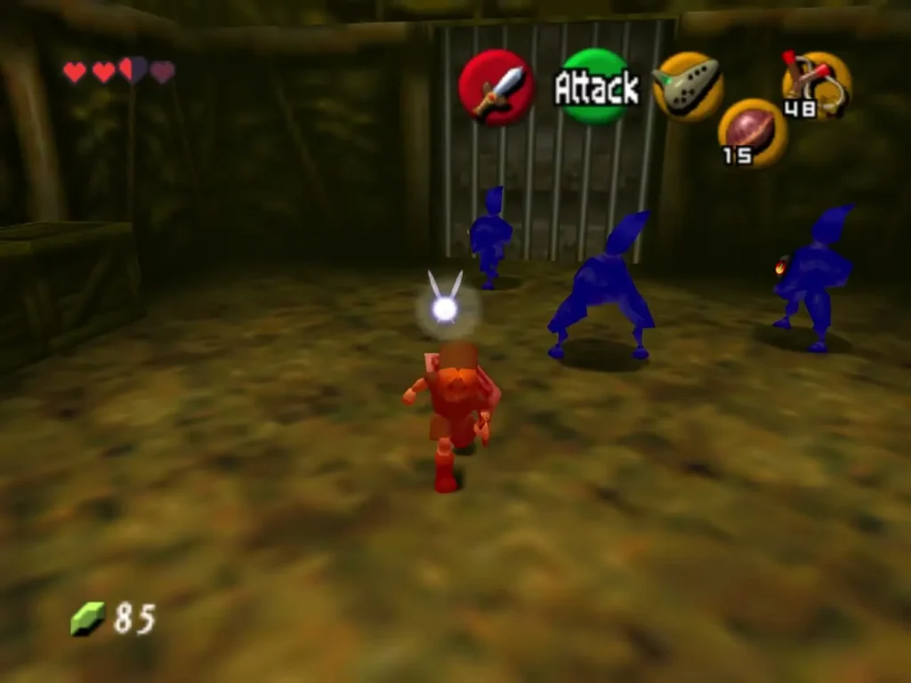 Link facing Skulltulas and other pests behind iron bars in the egg room