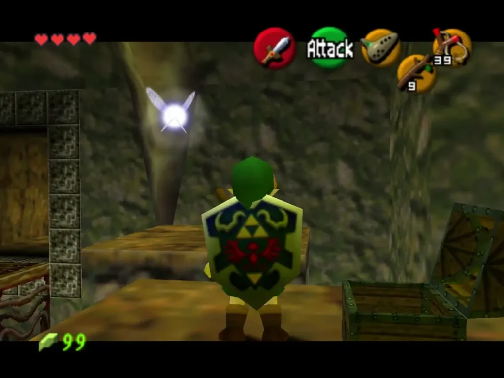 Link standing beside the chest on the far side of the fire platforms, now open