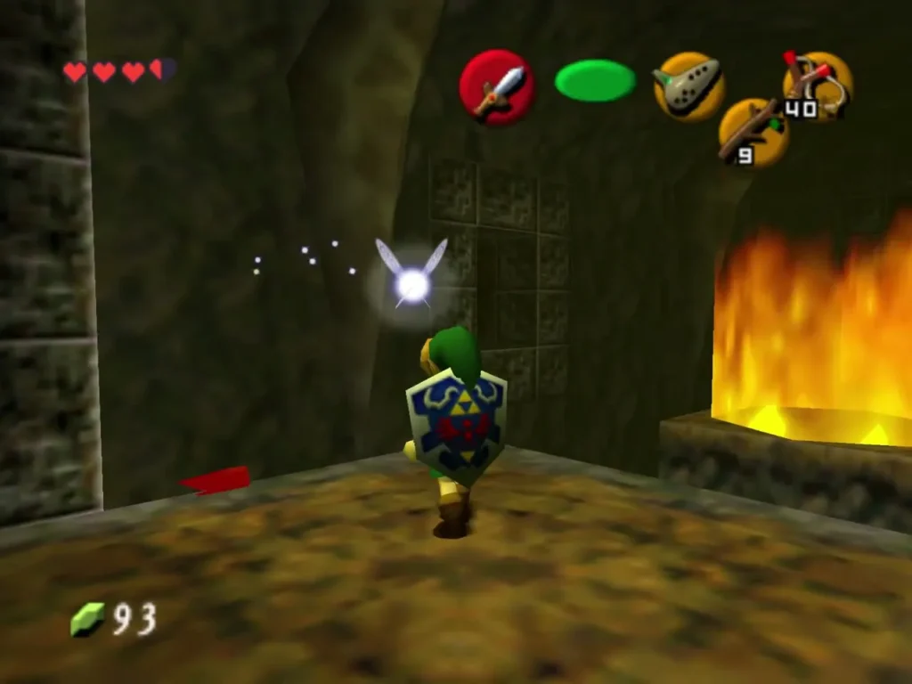 Link on a stone ledge with a fairy beside a fire burning to the right