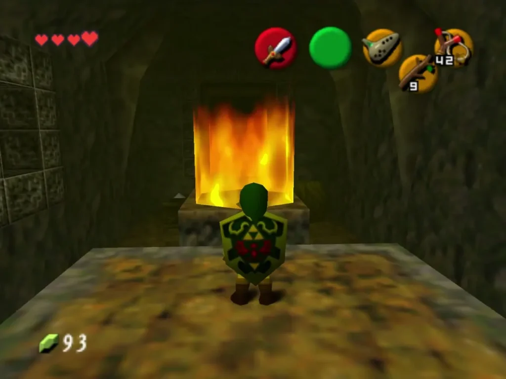 Link standing on a stone platform facing a fire burning ahead
