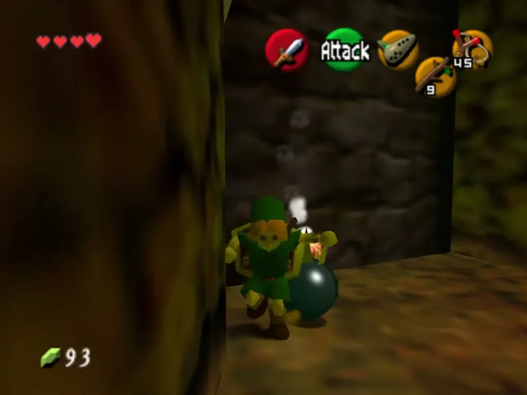 Link holding a lit Bomb Flower facing the rock wall at the end of the passage