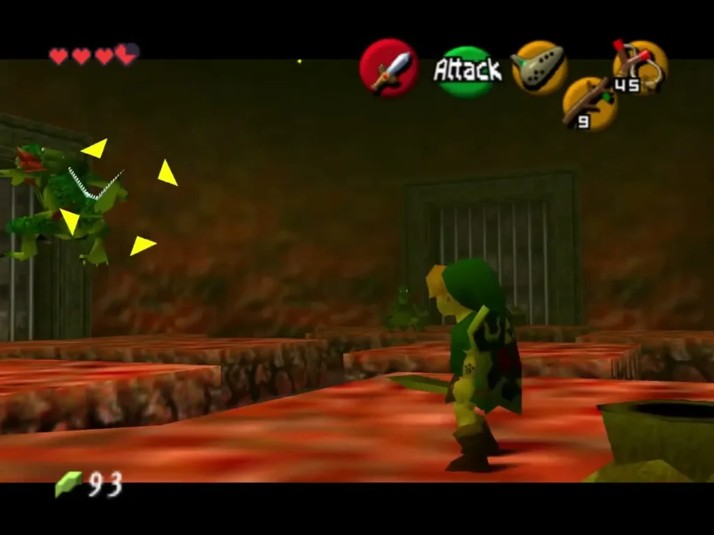 Link facing a Lizalfos by the barred door of the lava room