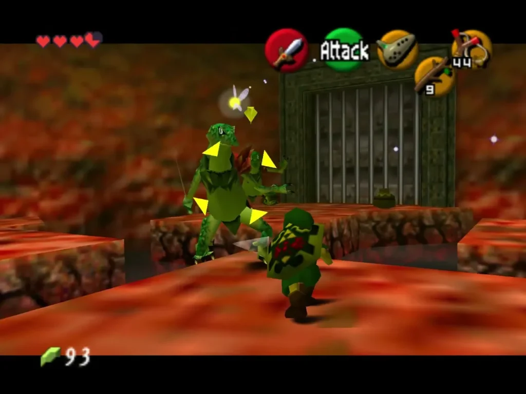 Link locking onto a Lizalfos on a lava platform