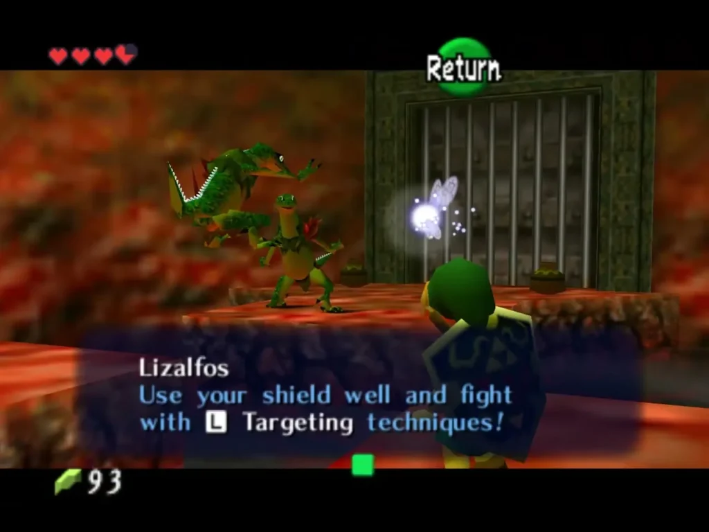 Text box labelled Lizalfos telling Link to use the shield well and fight with Targeting techniques