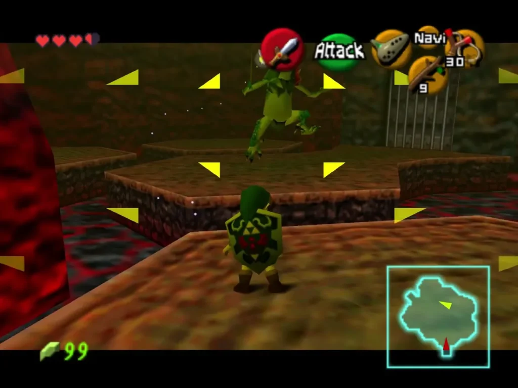 Lizalfos leaping at Link on a lava platform with lock-on arrows