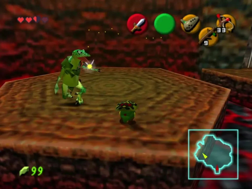 A Lizalfos standing on a raised lava platform in the second lava room