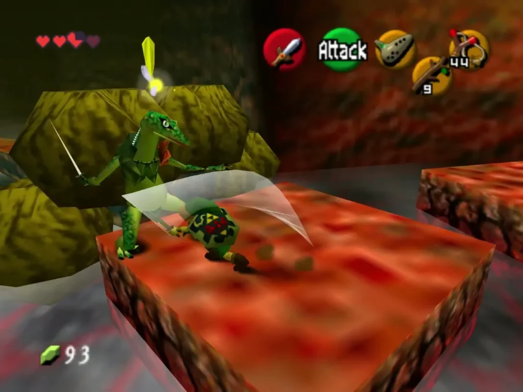 Link slashing at a Lizalfos on a lava platform, its shield raised