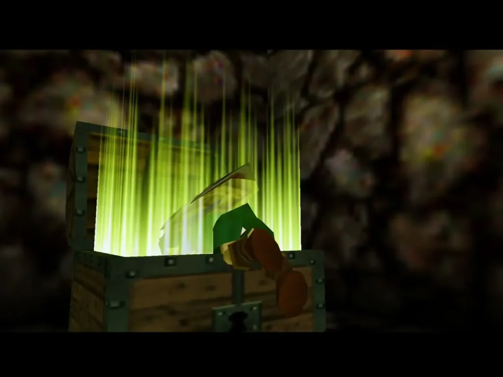 Link at an open chest with green light rising from it