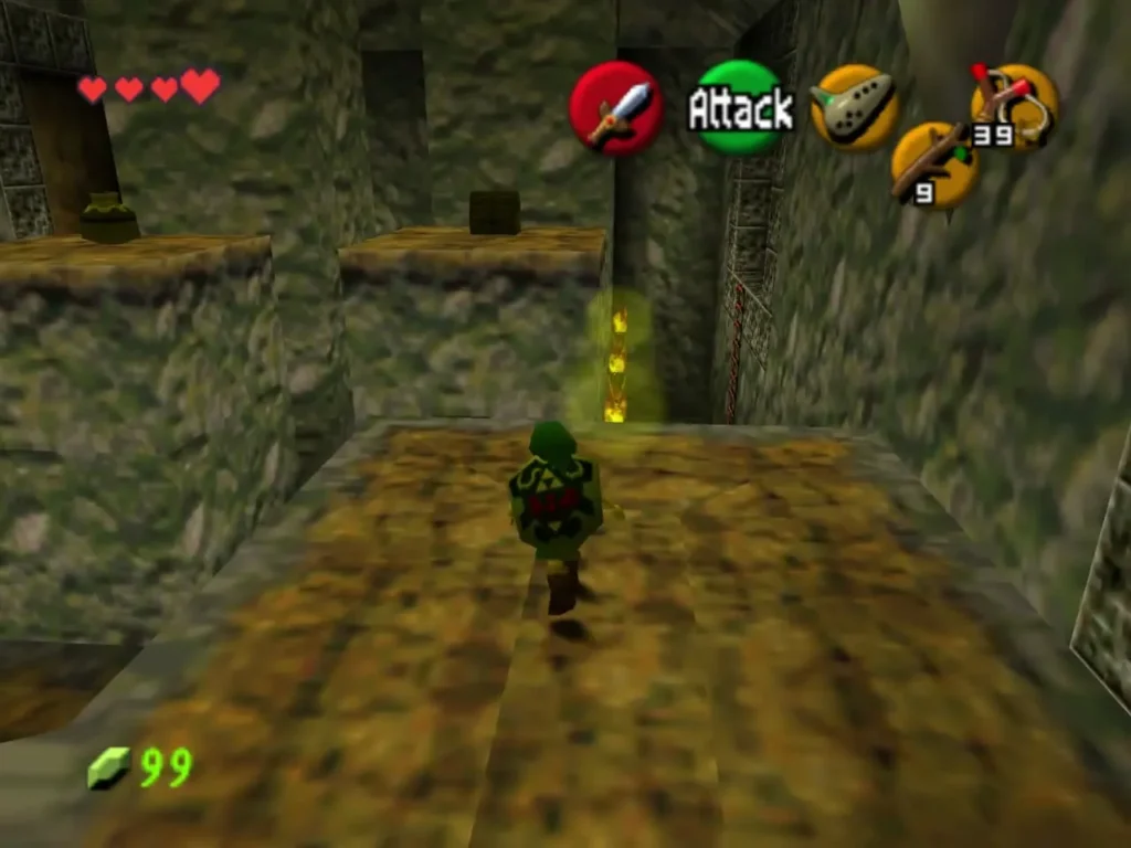 Link racing across the stone platforms past a column of flames