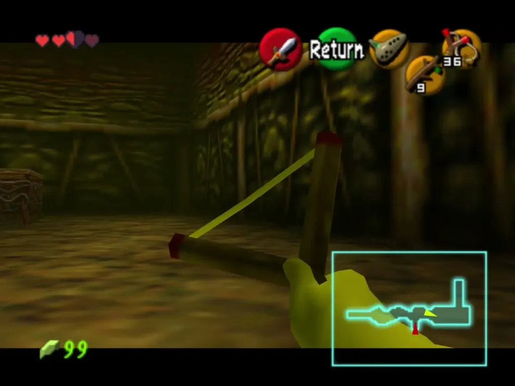 Link aiming the Slingshot up at the golden eye switch on the wooden post