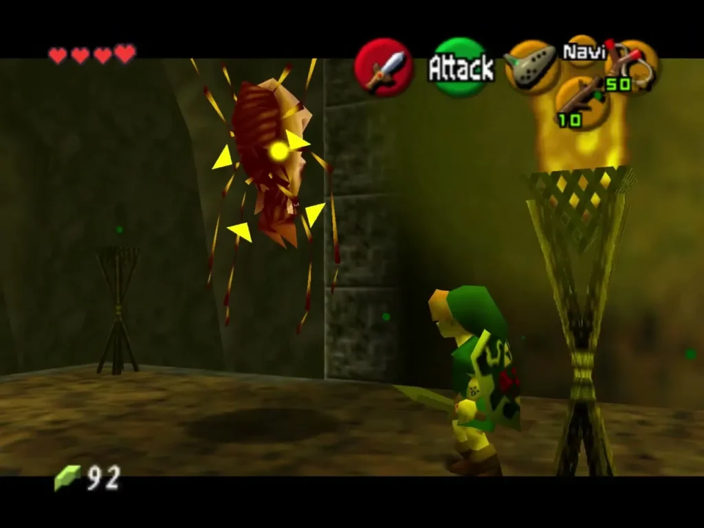 Link facing a Skulltula dropped from a burning web beside a torch