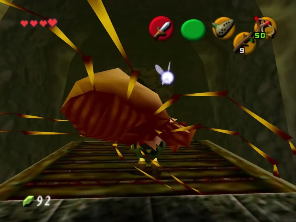 Link at the end of a wooden walkway with a large Skulltula ahead