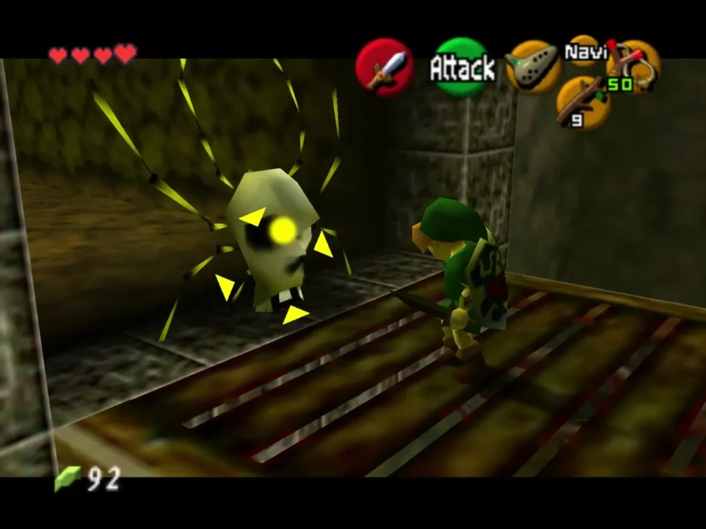 Link facing a Skulltula on the wooden walkway