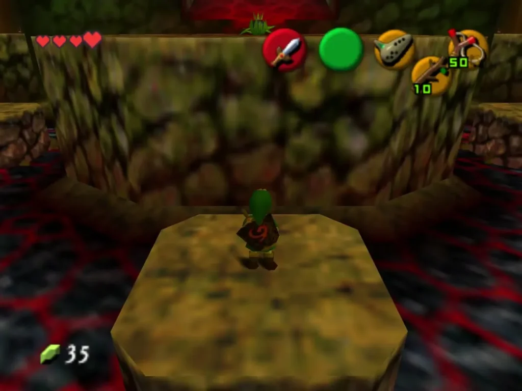 Link on a stone platform ringed by lava in the cavern's first big room