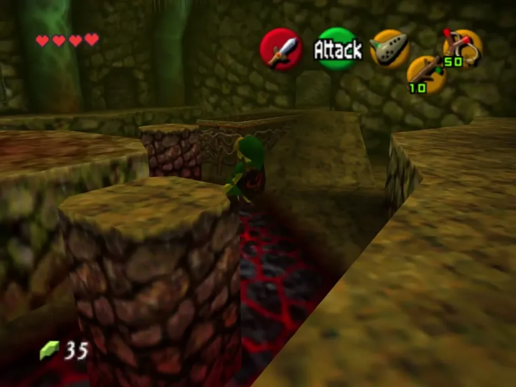 Link standing on a stone ledge above the lava on the way to the upper floor