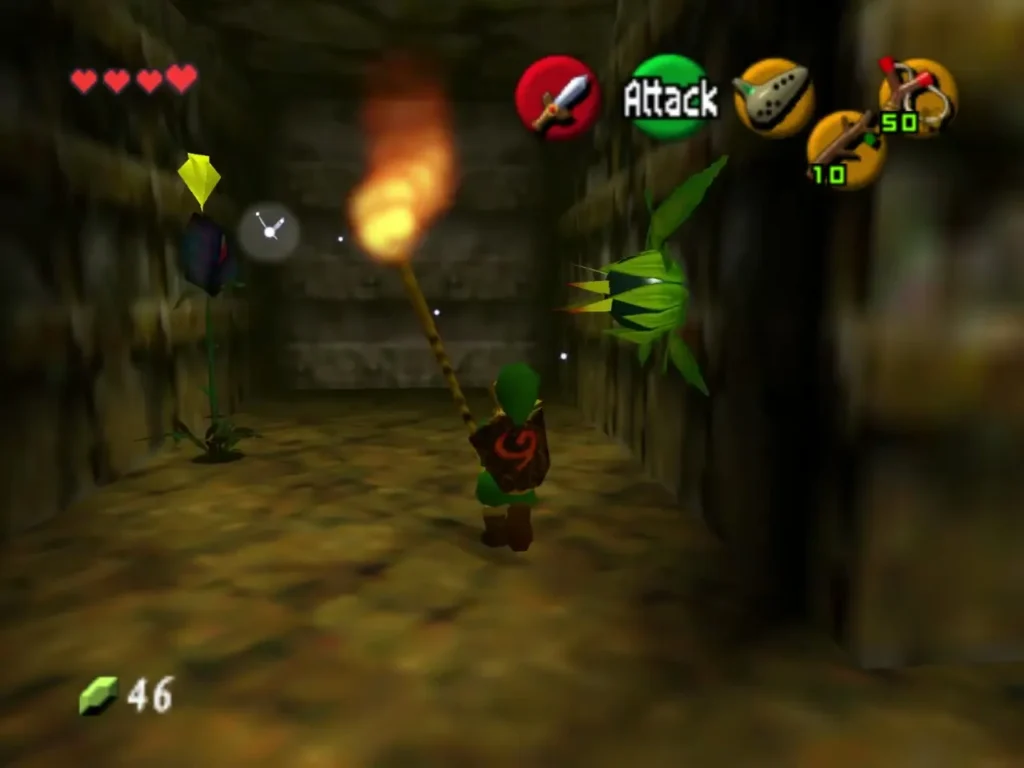 Link holding a lit Deku Stick up to a torch in the pillar room