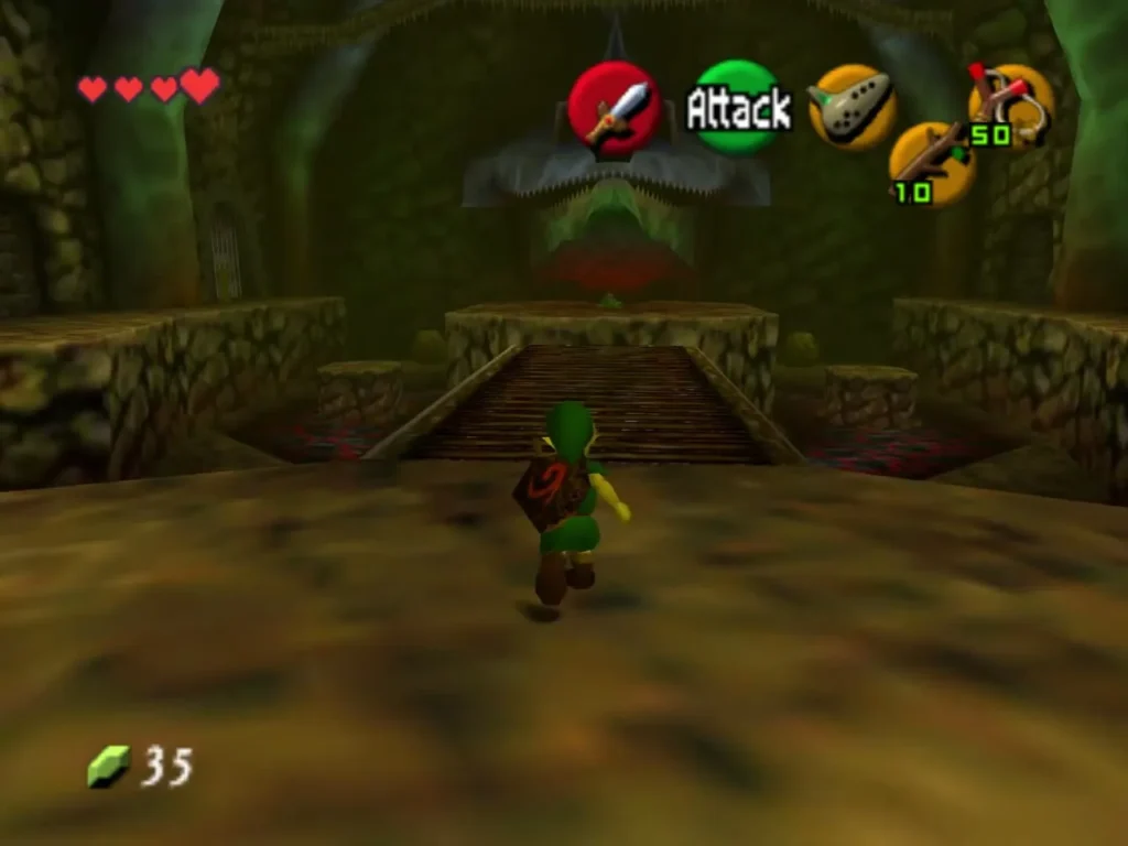 Link walking across the lobby toward the stairs under the Dodongo skull