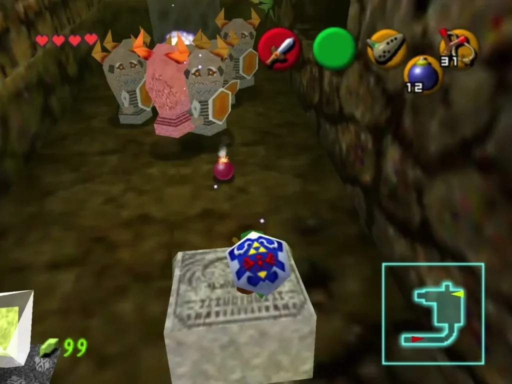 Link on a stone block throwing a bomb at a group of Armos statues
