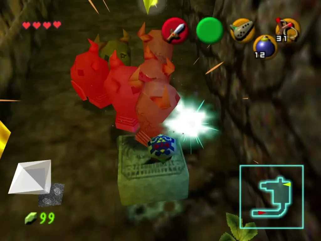 Armos statues exploding in a chain reaction after a bomb hits them