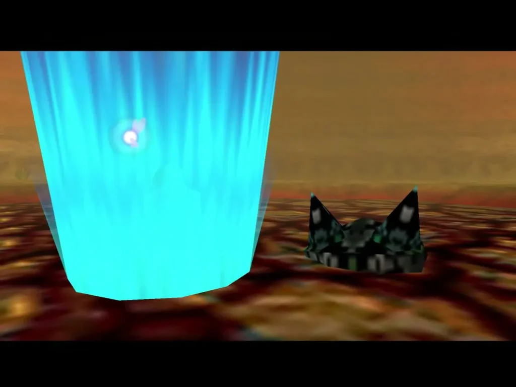 Blue warp light beside a stone outcrop in the lava arena