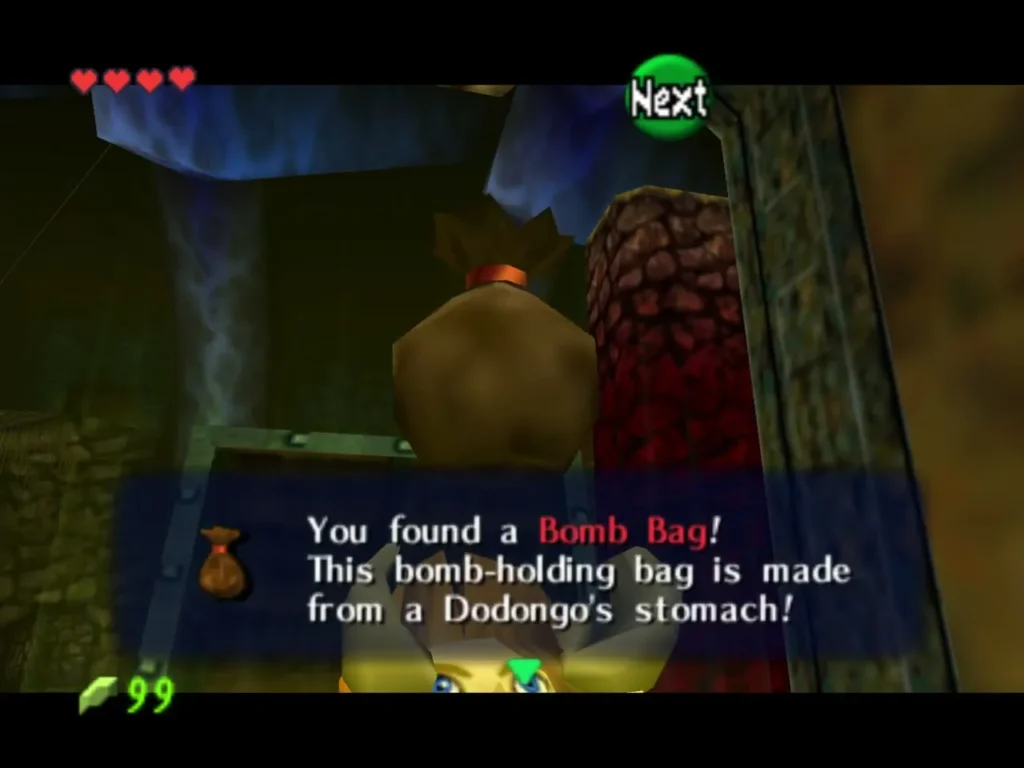 Message box announcing the Bomb Bag found in the chest in the cavern