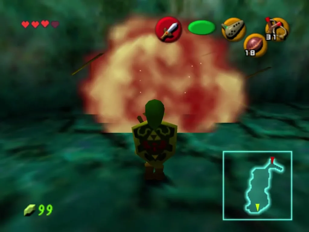 Bomb Flower chain exploding in a fiery blast behind Link