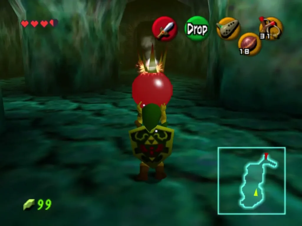 Link holding a red Bomb Flower overhead in the teal cavern