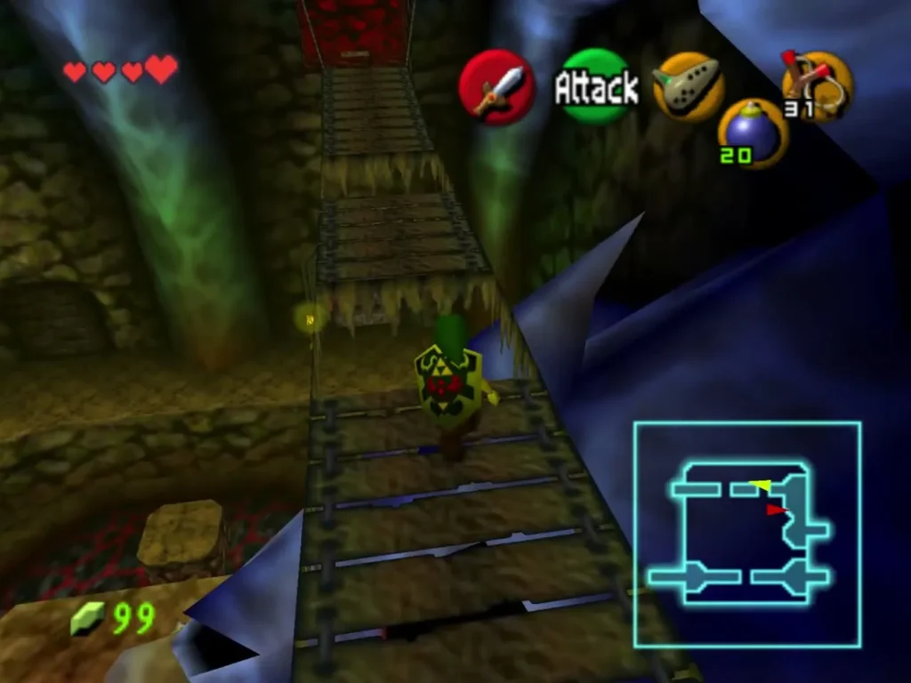 Link walking across the wooden bridge above the skull