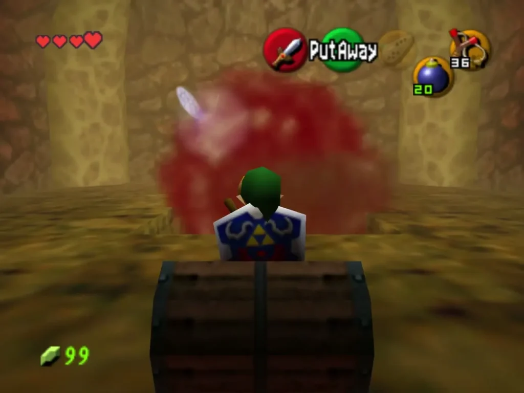 Link standing behind the wooden chest in the antechamber as a bomb bursts in front of it