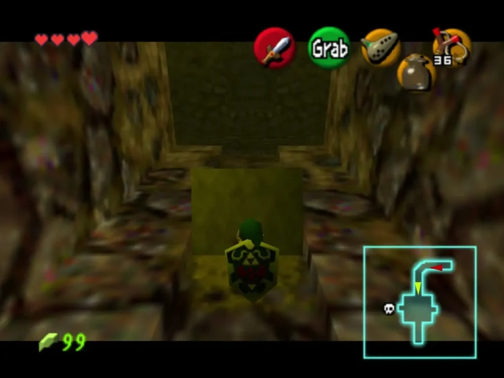 Link pulling a tombstone along a stone corridor