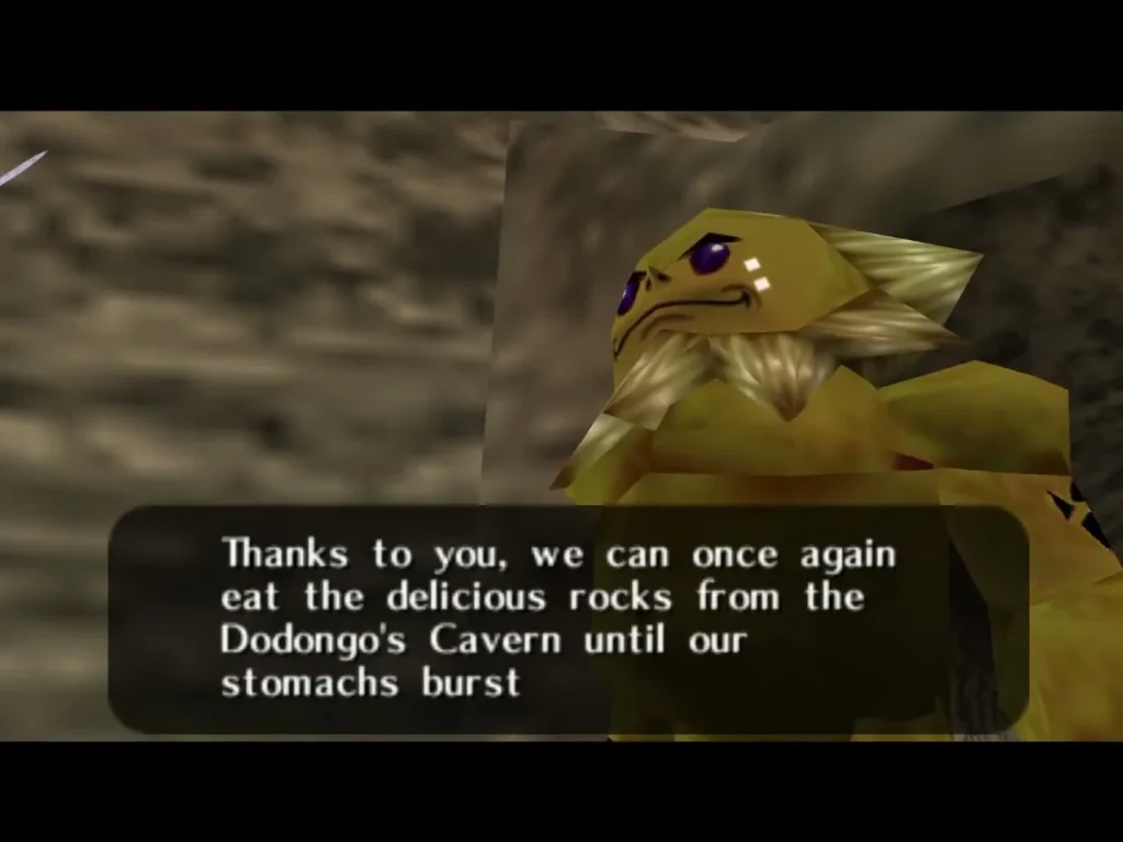 A Goron in Goron City thanking Link in a message box about the Dodongo's Cavern rocks