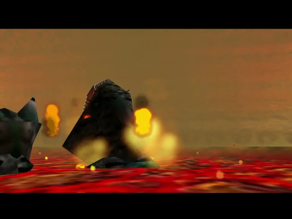 King Dodongo sinking into the lava and bursting into flames