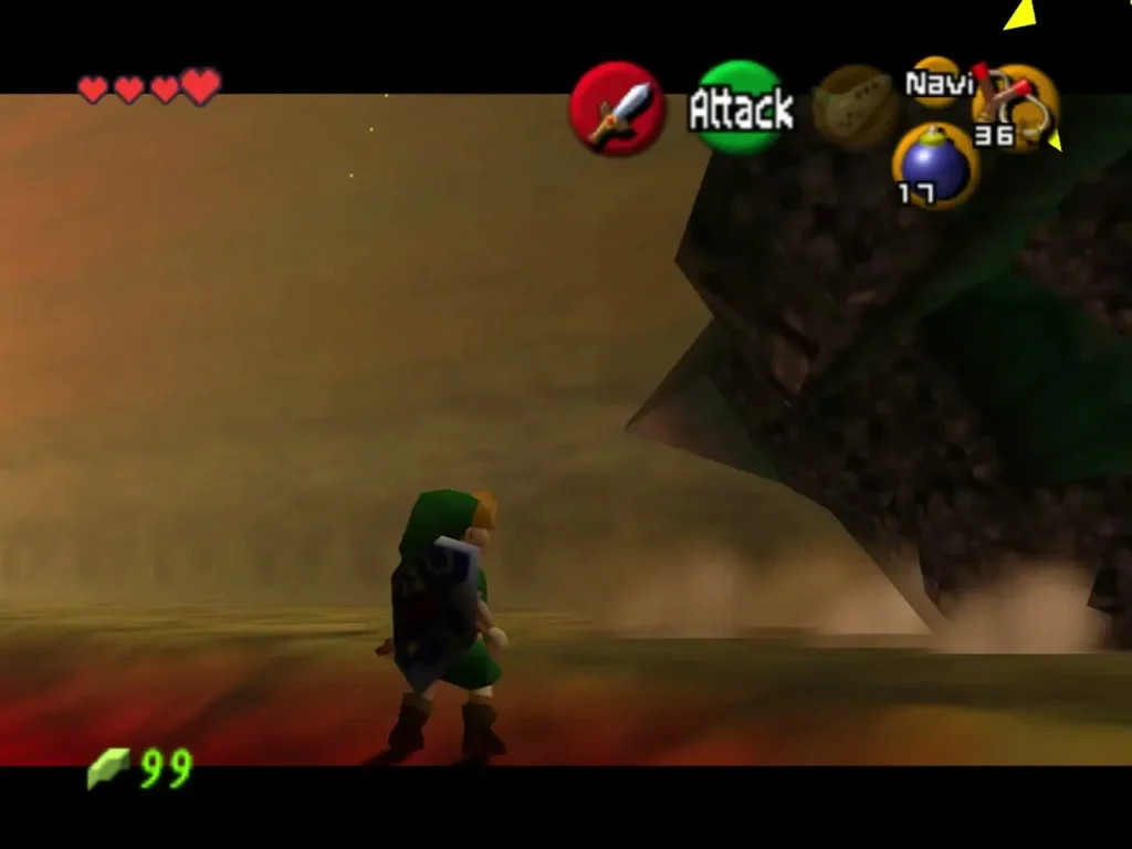 Link beside the dark rocky shape of King Dodongo in the lava arena