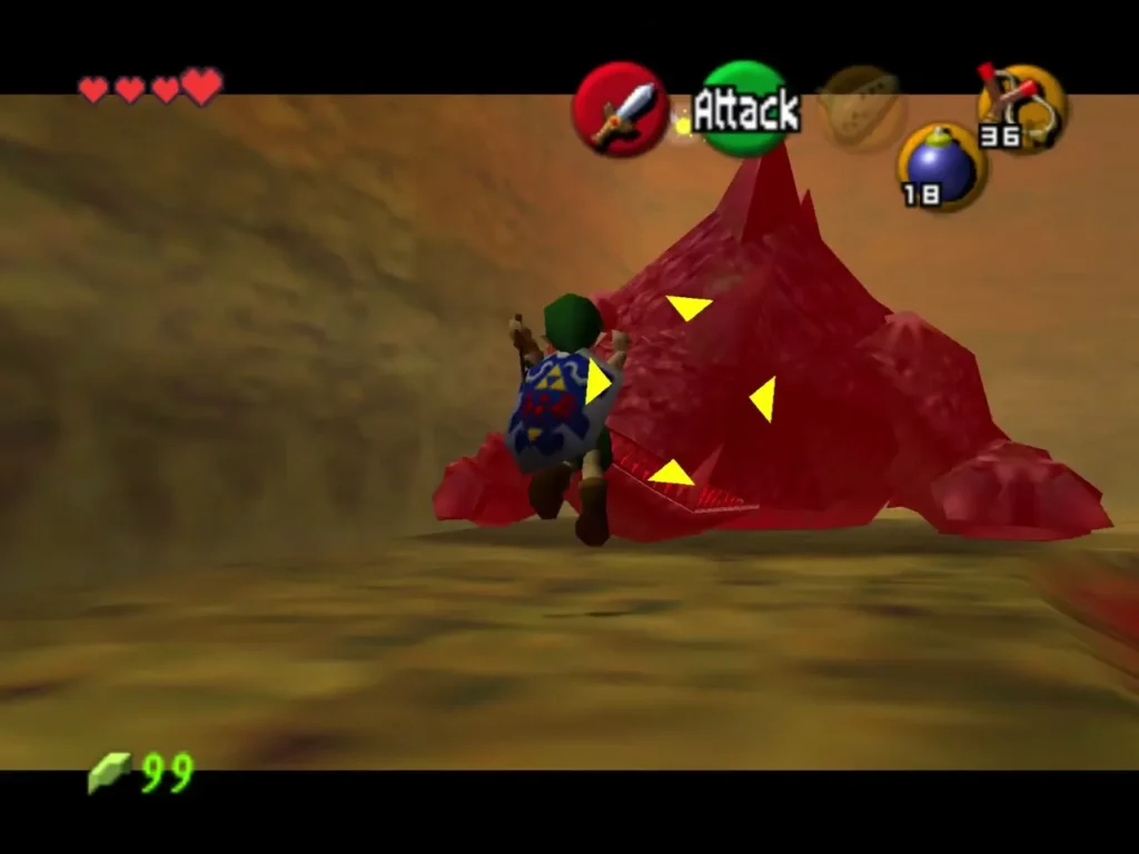 Link slashing the stunned King Dodongo, which has turned red