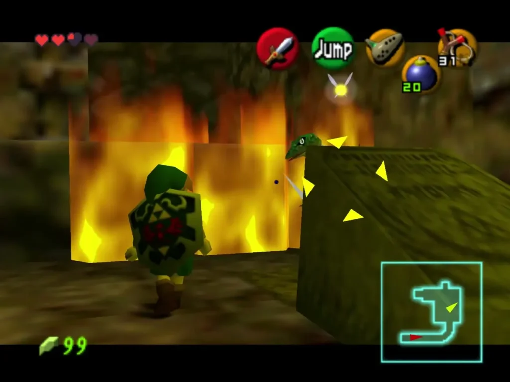 Link beside a wall of fire with the Lizalfos behind a stone block