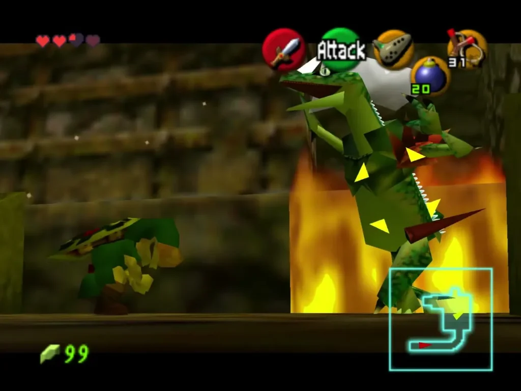Lizalfos fighting Link beside a wall of fire