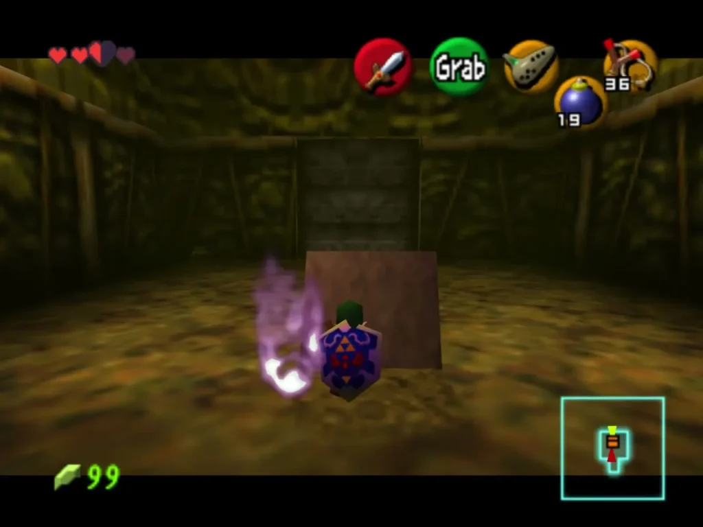 Link in a bamboo-walled room beside a purple ghostly flame