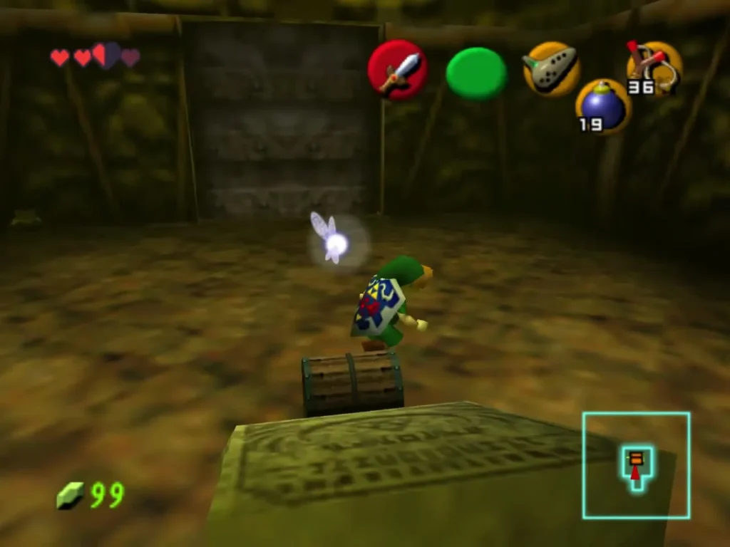 Link standing on a tombstone in the bamboo room beside a small chest