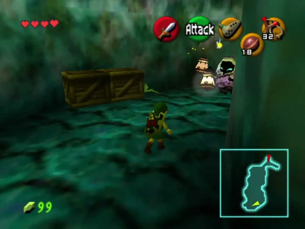 Link in a teal dungeon room with Poe ghosts beside wooden crates