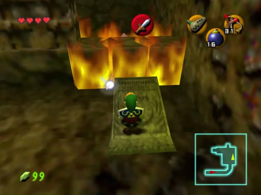 Link standing on a pushed tombstone beside a wall of fire in the cavern