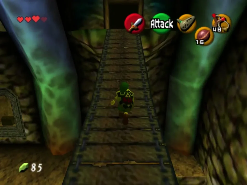 Link walking across the narrow wooden bridge toward the torch room door